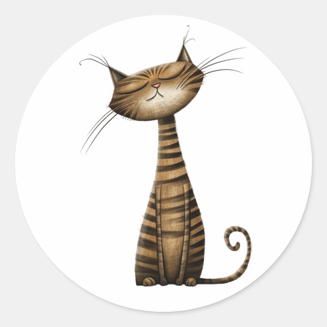Pegatina Redonda Whimsical Brown Tabby Cat Ilustracion (Anverso)
