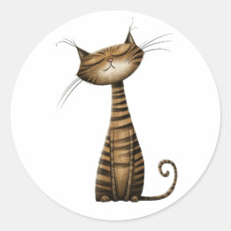 Pegatina Redonda Whimsical Brown Tabby Cat Ilustracion