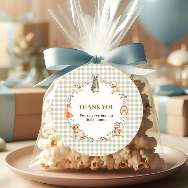Pegatina Redonda Whimsical Bunny Gingham Thank You Baby Shower  (Subido por el creador)
