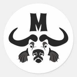 Pegatina Redonda Whimsical Cape Buffalo, en tinta negra