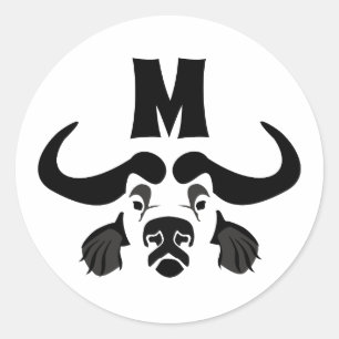 Pegatina Redonda Whimsical Cape Buffalo, en tinta negra