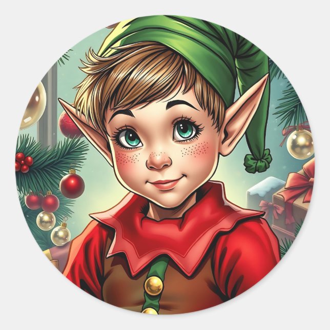 Pegatina Redonda Whimsical Cartoon Elf | Christmas (Anverso)