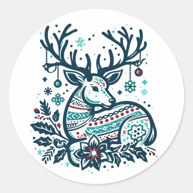 Pegatina Redonda Whimsical Christmas Deer Vector Clipart - Festive (Anverso)