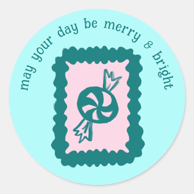 Pegatina Redonda Whimsical Christmas Stamp Cute Custom Merry Bright (Anverso)