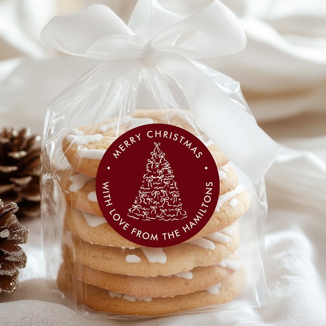 Pegatina Redonda Whimsical Christmas Tree Bows Cranberry Christmas (Subido por el creador)