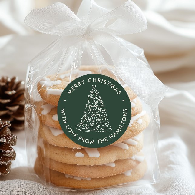 Pegatina Redonda Whimsical Christmas Tree Bows Pine Green Christmas (Subido por el creador)