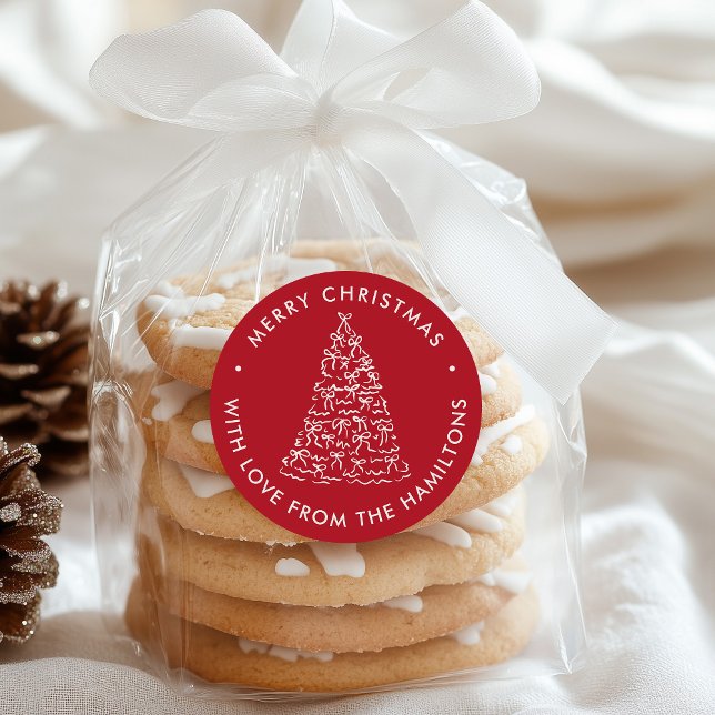 Pegatina Redonda Whimsical Christmas Tree Bows Red Christmas (Subido por el creador)