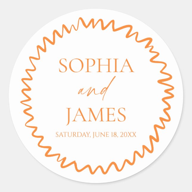 Pegatina Redonda Whimsical Citrus Orange Wavy Border Wedding (Anverso)