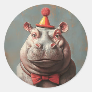 Pegatina Redonda Whimsical Clown Hippo Retrato