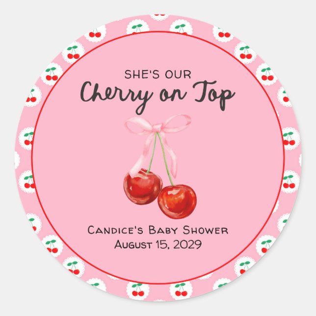 Pegatina Redonda Whimsical Coqette Cherry en Baby Shower top (Anverso)