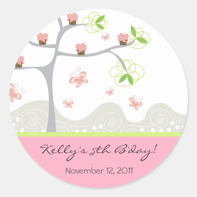 Pegatina Redonda Whimsical Cupcakes Tree Butterflies Dulce Cumpleañ (Anverso)