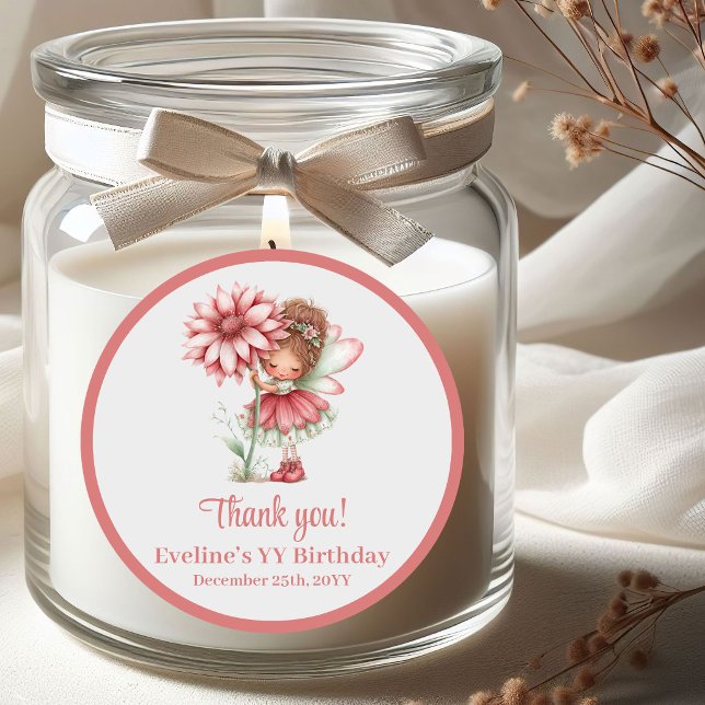 Pegatina Redonda Whimsical Cute Fairy Blush Floral Girl Birthday   (Whimsical Cute Fairy Blush Floral Girl Birthday Stickers)