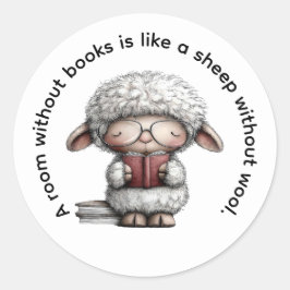 Pegatina Redonda Whimsical Cute Sheep Reading a Book