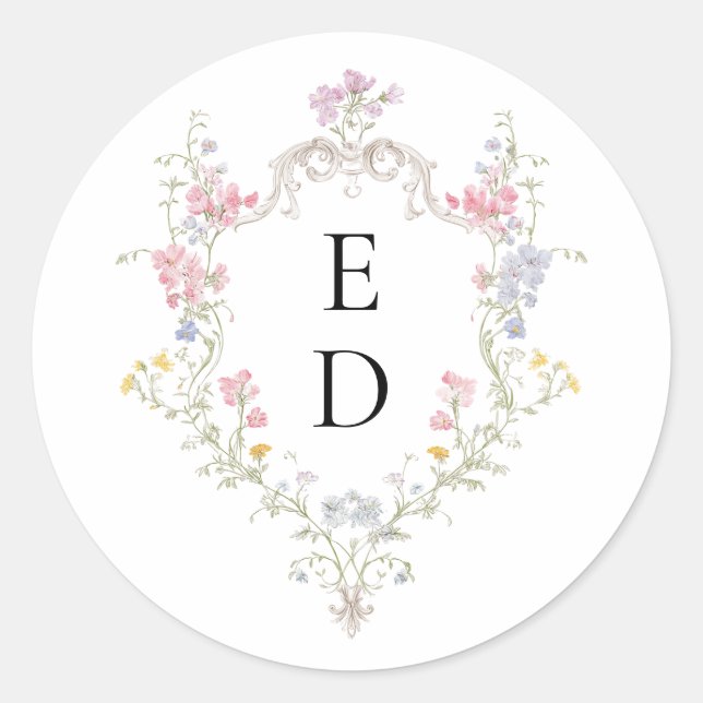 Pegatina Redonda Whimsical Elegant Rococo Floral Crest Monogram (Anverso)