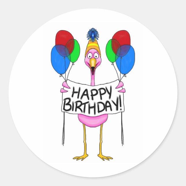 Pegatina Redonda Whimsical Flamingo Felices Balones de cumpleaños (Anverso)