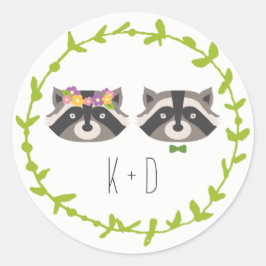 Pegatina Redonda Whimsical Forest Raccoons Rustic Boda
