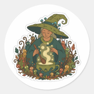 Pegatina Redonda Whimsical Forest Witch | Cozy Magical Brew