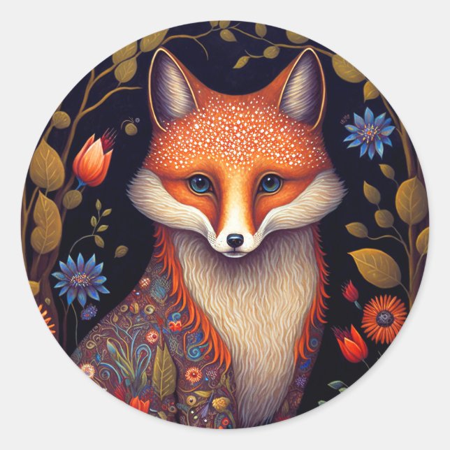 Pegatina Redonda Whimsical Fox Woodland Fantasy Art (Anverso)
