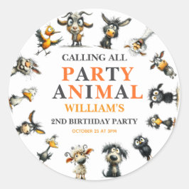 Pegatina Redonda Whimsical Funny Animals 2nd Birthday Party