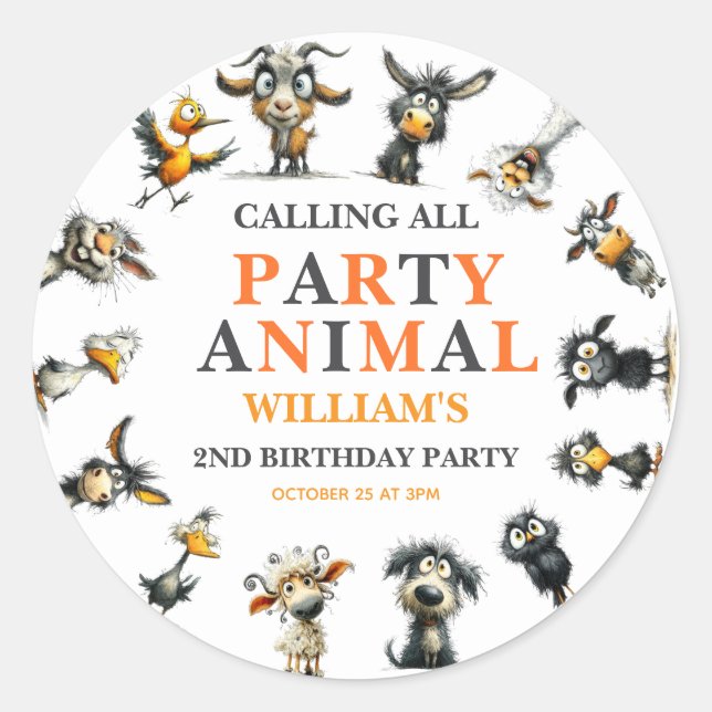 Pegatina Redonda Whimsical Funny Animals 2nd Birthday Party (Anverso)