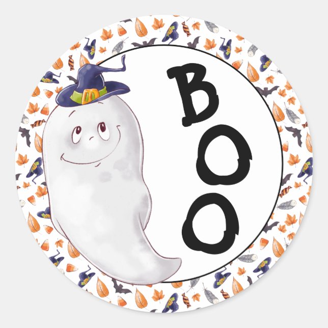 Pegatina Redonda Whimsical Ghost Boo Halloween (Anverso)