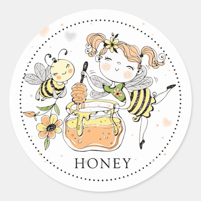 Pegatina Redonda Whimsical Girl bee honey Jar Label (Anverso)