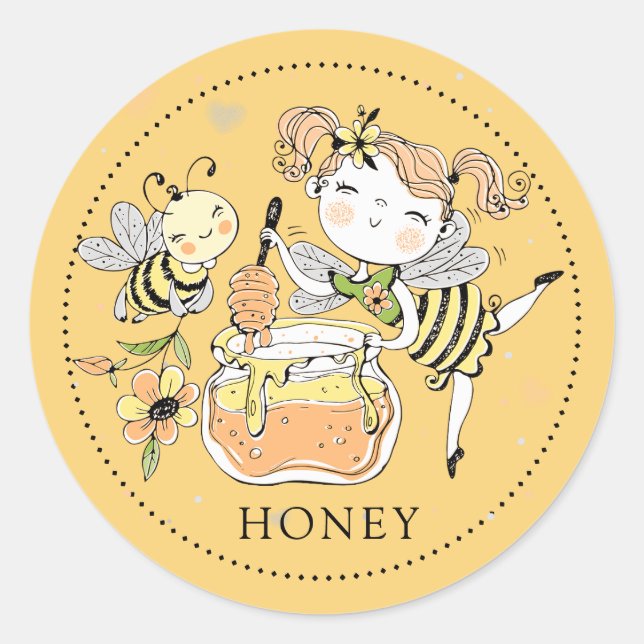 Pegatina Redonda Whimsical Girl bee honey Jar Label (Anverso)