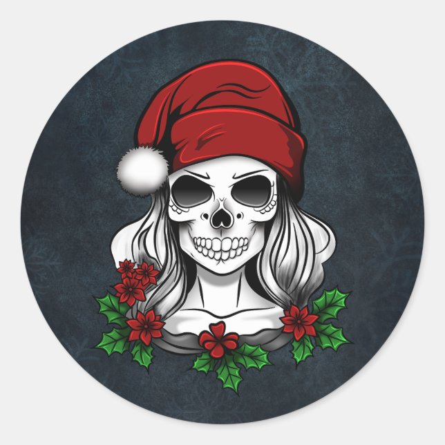 Pegatina Redonda Whimsical Gothic Santa Skull Navidades (Anverso)