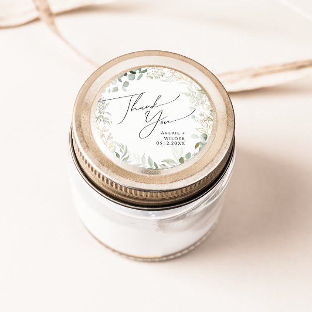 Pegatina Redonda Whimsical Greenery Gold Gracias A Boda Favor (Subido por el creador)
