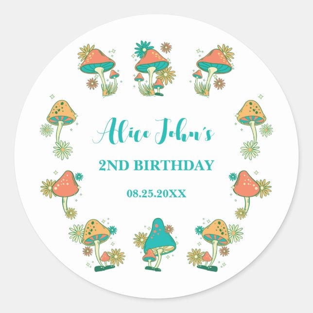 Pegatina Redonda Whimsical Groovy Psychedelle Cumpleaños (Anverso)