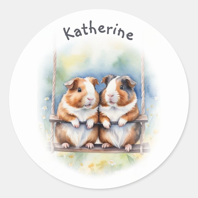 Pegatina Redonda Whimsical Guinea Pigs on a Swing Personalized (Anverso)