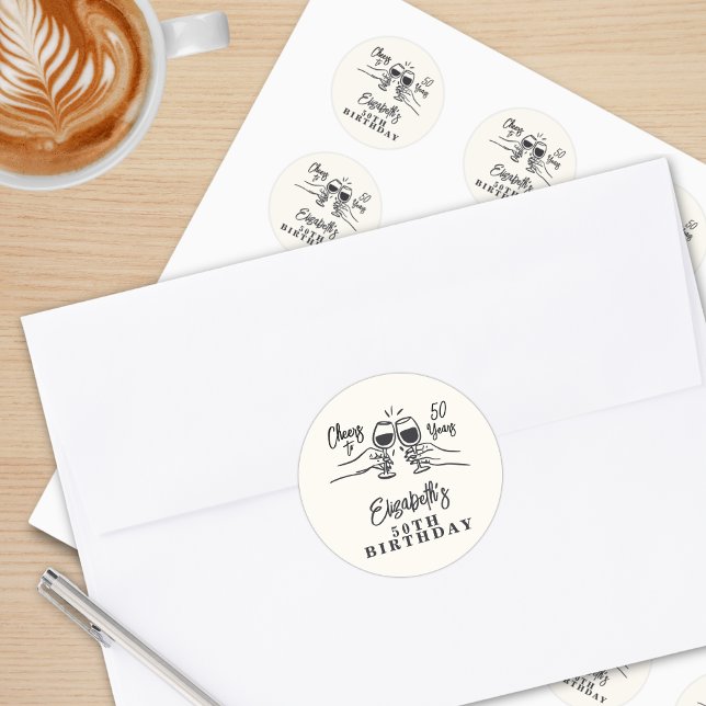 Pegatina Redonda Whimsical Hand Drawn Cheers to 50 Years Birthday  (Subido por el creador)