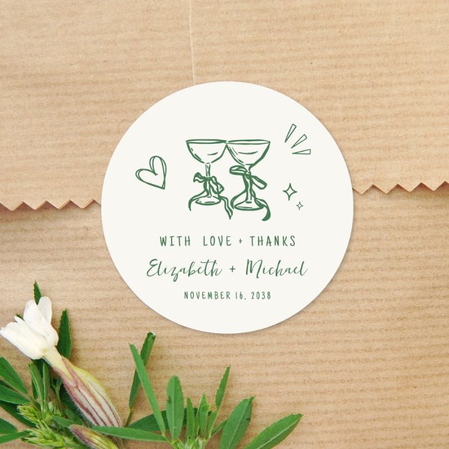 Pegatina Redonda Whimsical Hand Drawn Green Cream Wedding Thank You (Whimsical Hand Drawn Green Cream Wedding Thank You Classic Round Sticker)