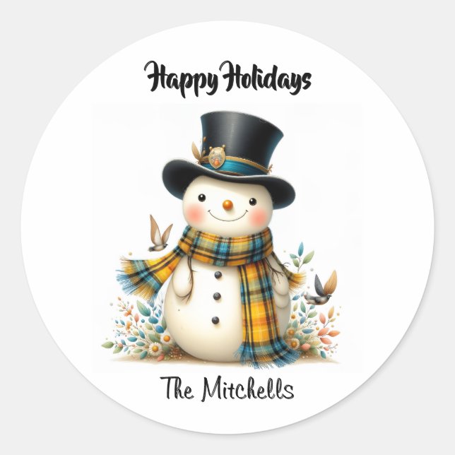 Pegatina Redonda Whimsical Holiday Snowman Classic Round Sticker (Anverso)