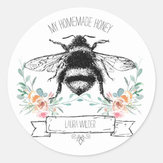 Pegatina Redonda Whimsical Honey Bee Floral Casera (Anverso)