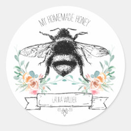 Pegatina Redonda Whimsical Honey Bee Floral Casera