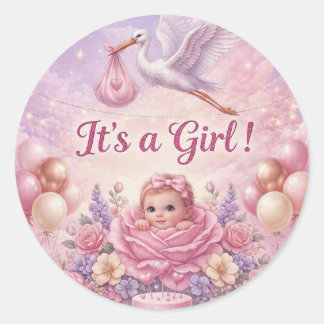 Pegatina Redonda Whimsical It's a Girl Pink Stork Baby Shower 