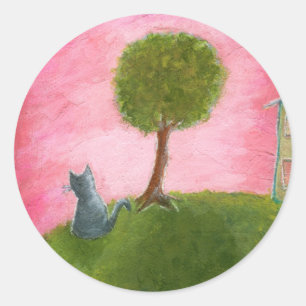 Pegatina Redonda Whimsical Kitty Cat Folk Art Pintura de cielo rosa