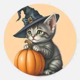 Pegatina Redonda Whimsical Kitty Witch, Halloween Kitten Witch,