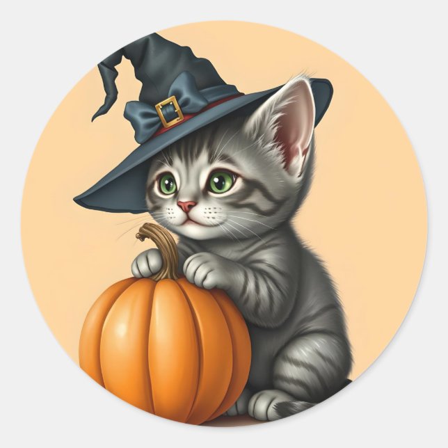 Pegatina Redonda Whimsical Kitty Witch, Halloween Kitten Witch,     (Anverso)