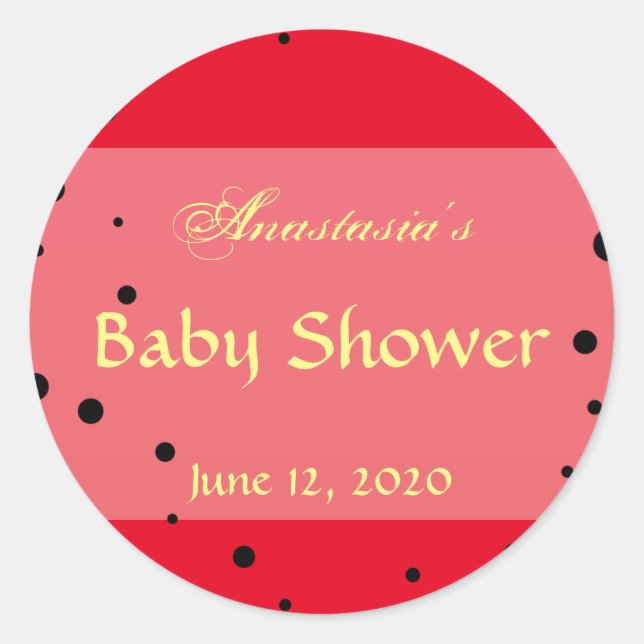 Pegatina Redonda Whimsical Ladybug Baby Shower Invitación Red Black (Anverso)