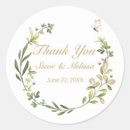 Pegatina Redonda Whimsical Leafy Wreath con mariposa