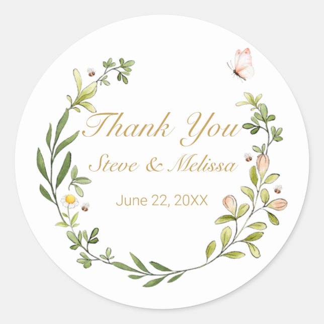 Pegatina Redonda Whimsical Leafy Wreath con mariposa (Anverso)