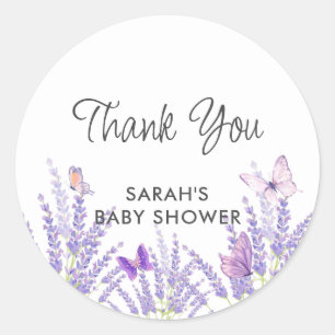 Pegatina Redonda Whimsical Meadow Lavender Butfly Baby Shower