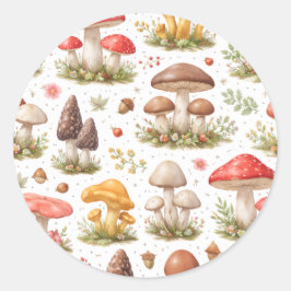 Pegatina Redonda Whimsical Mushroom Pattern – Vintage Botanical 
