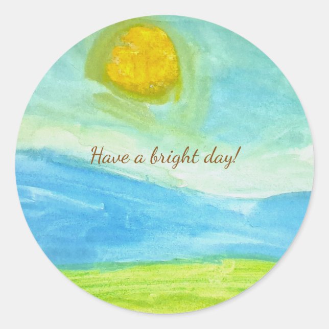 Pegatina Redonda Whimsical Naive Art Sun Landscape (Anverso)