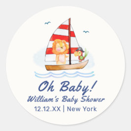 Pegatina Redonda Whimsical Nautical Wild Lion Sailboat Baby Shower
