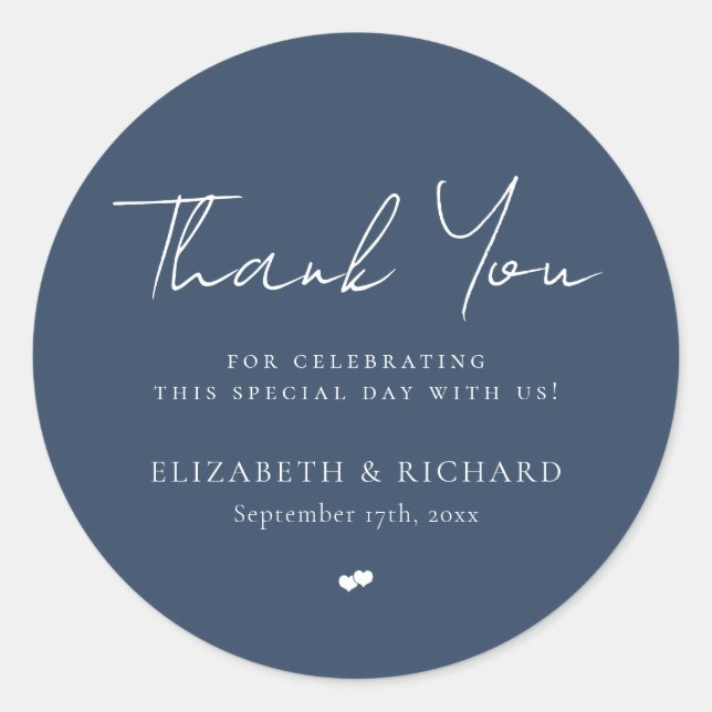 Pegatina Redonda Whimsical Navy Blue Script Gracias Boda (Anverso)