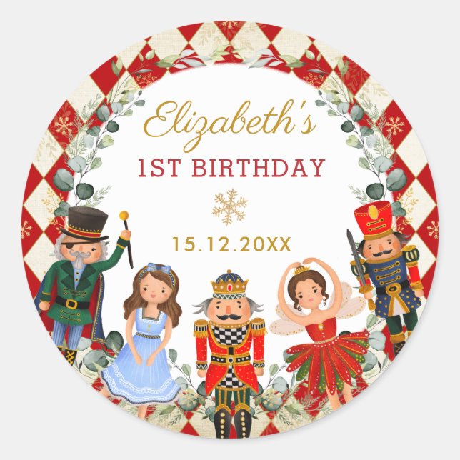 Pegatina Redonda Whimsical Nutcracker Birday Party Baby Shower (Anverso)