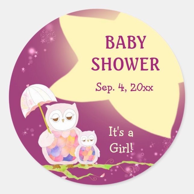 Pegatina Redonda Whimsical Owls Baby Shower Favor (Anverso)